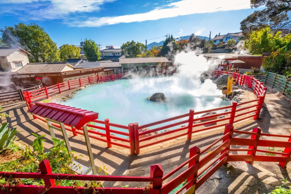 beppu, japan nov 25 2022: kamado jigoku hot spring in beppu, oita. the town is famous for its onsen (hot springs). it has 8 major geothermal hot spots, referred to as the "eight hells of beppu" beppu, japan nov 25 2022: kamado jigoku hot spring in beppu, oita. the town is famous for its onsen (hot springs). it has 8 major geothermal hot spots, referred to as the "eight hells of beppu"